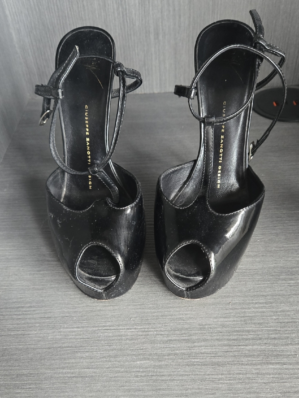 Giuseppe Zanotti Black Patent Peep-Toe Platform Heels